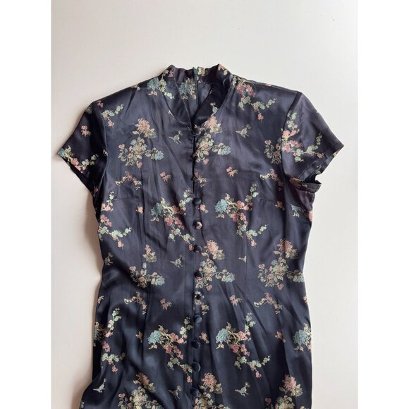 Vintage 00's SCARLET Black Oriental Floral Satin Cheongsam Qipao Dress, Size 13 - Picture 6 of 14